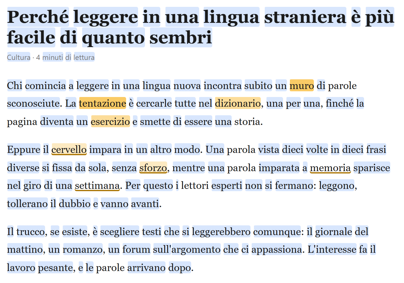 An Italian article with most words highlighted light blue; a handful in yellow at four levels, from a strong fill through a lighter one to a fill with a line under the word and a line alone; and a few words with no highlight.