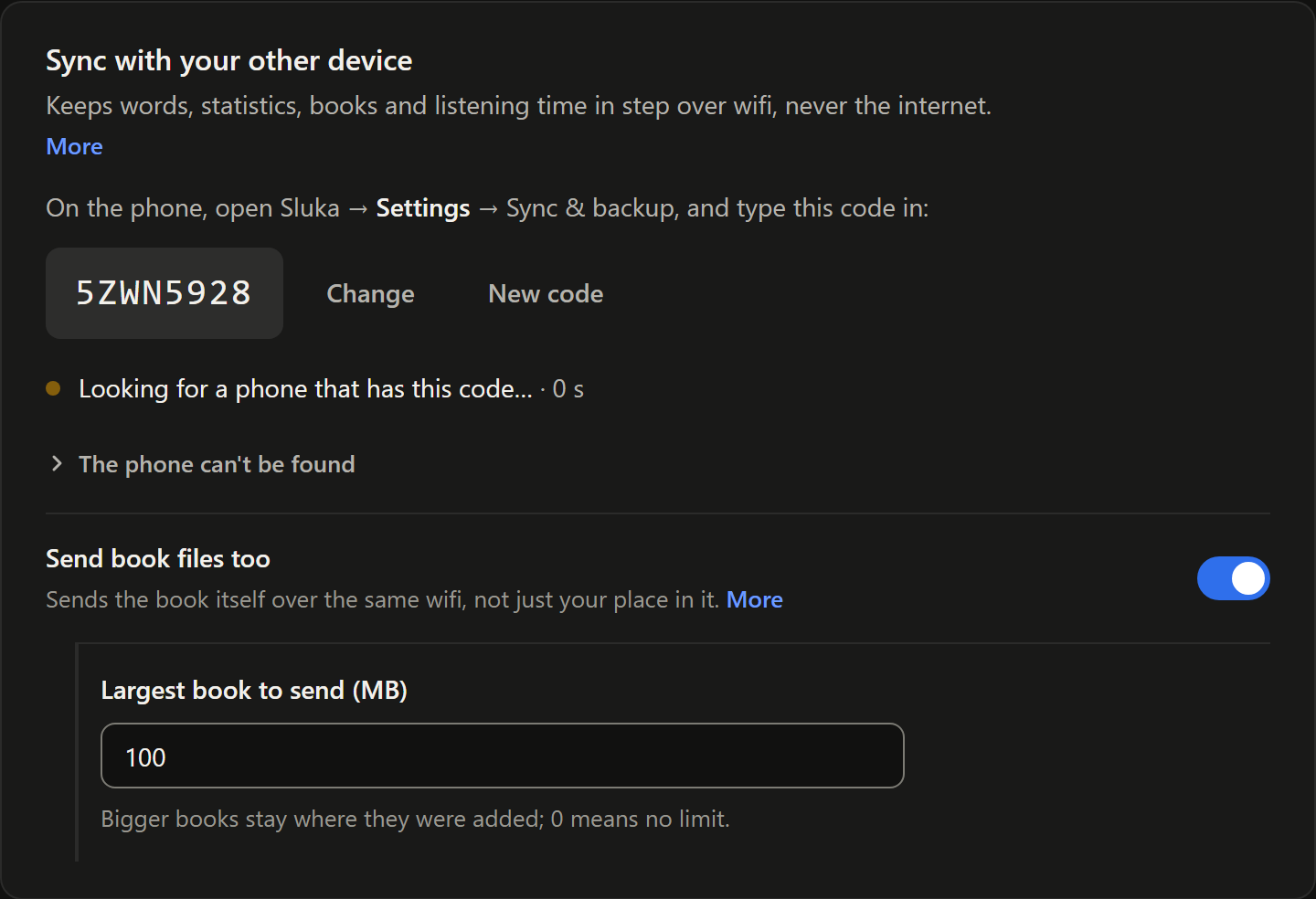 The Sync with your other device settings card: instructions to type the code into the phone, an eight-character pairing code with Change and New code buttons, a line saying it is looking for a phone that has this code, a collapsed The phone can't be found section, a Send book files too toggle, and Largest book to send set to 100 MB.