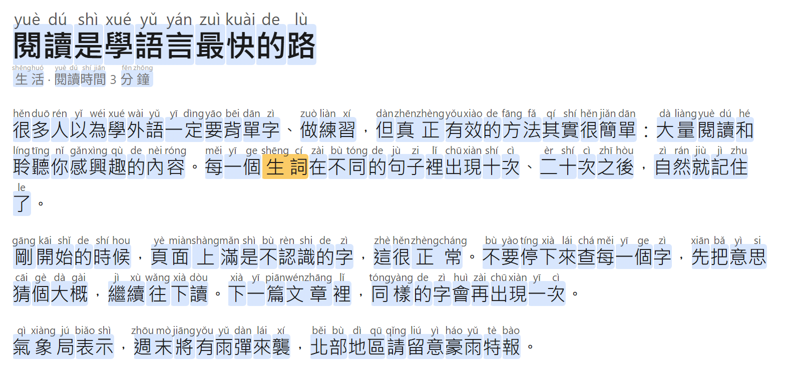 The Chinese article with pinyin printed in small type above every highlighted word, one syllable aligned over each character.