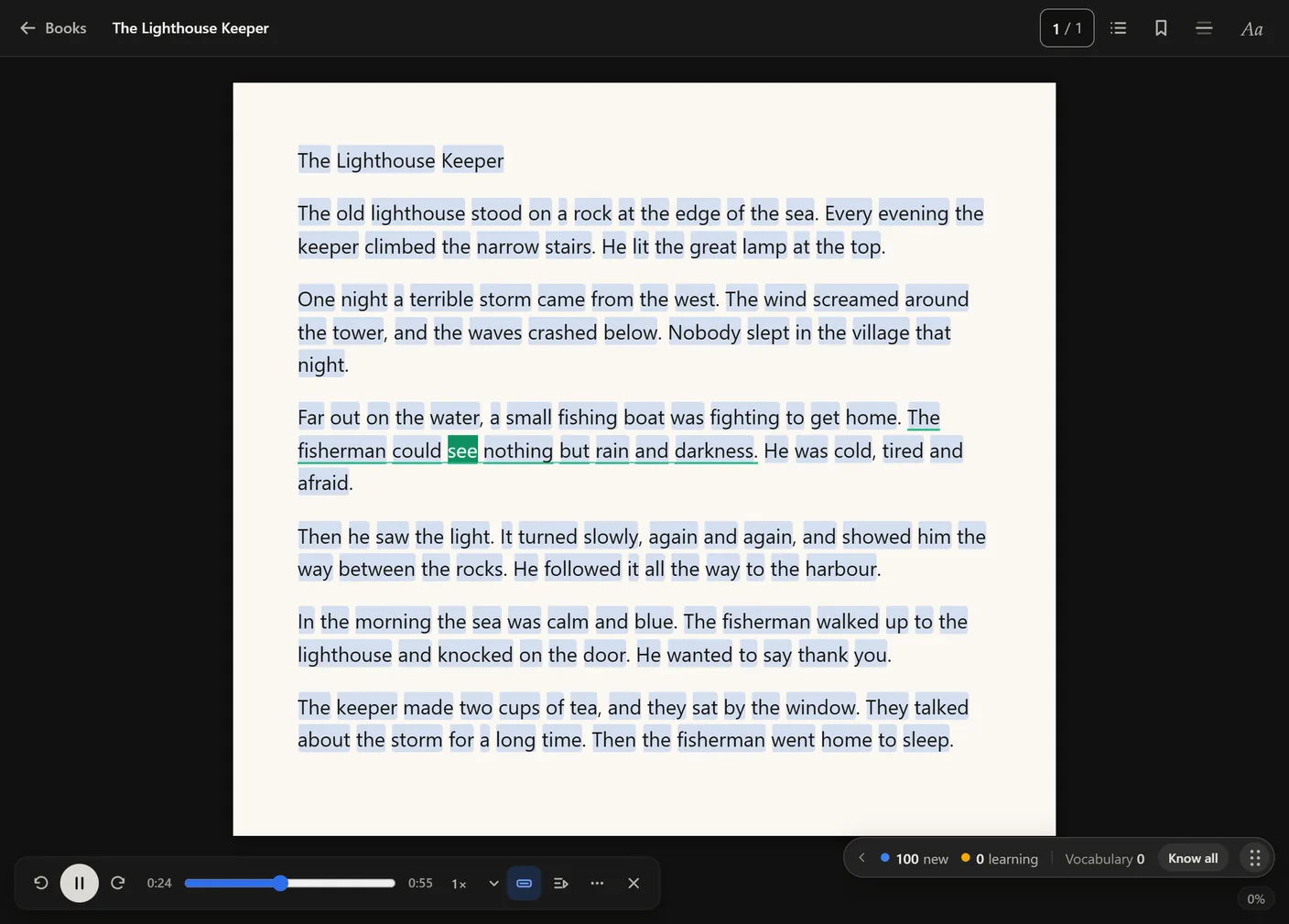 The book reader playing The Lighthouse Keeper: the word being said, see, lit in green inside its underlined sentence, and a player bar at the bottom with play, 0:24 of 0:55, a seek bar and the speed 1x.
