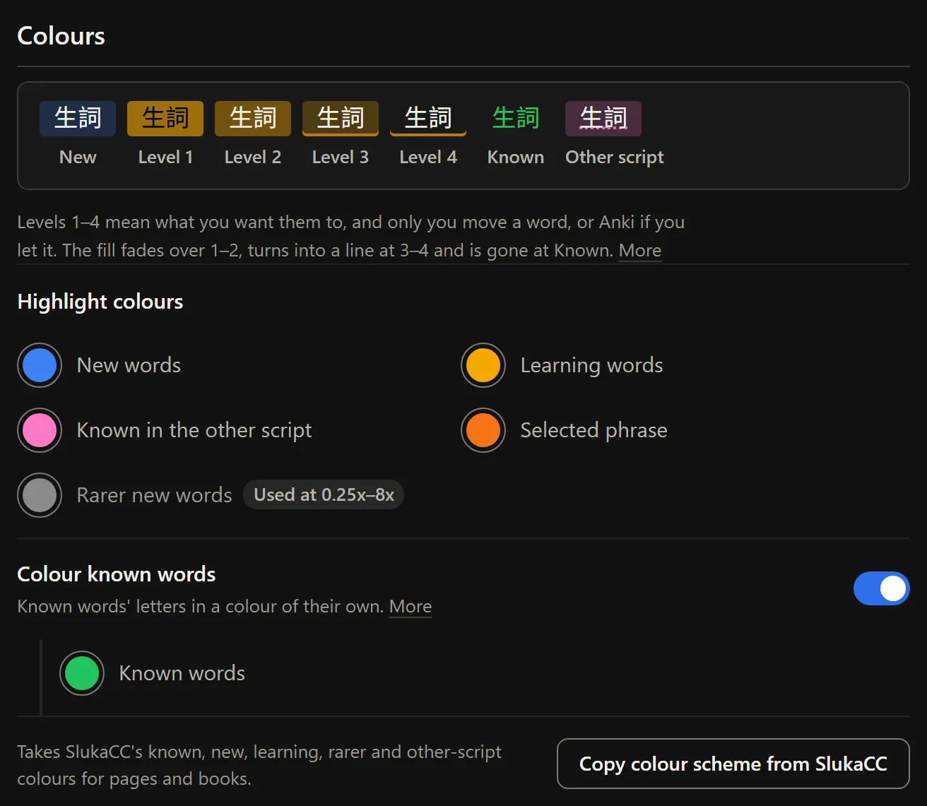 The Colours settings: a row of sample words for New, levels 1 to 4, Known and Other script; colour pickers for new, learning, other-script, selected and rarer words; the Colour known words switch turned on with a green picker; and a button labelled Copy colour scheme from SlukaCC.